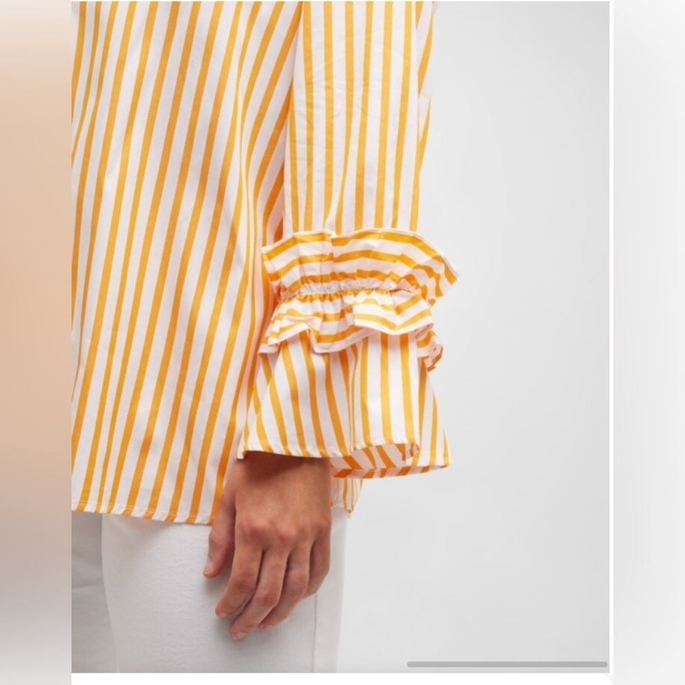 Harshman Selina Cotton Button Front Ruffle-Trim Top Women’s XS Striped Marigold - Picture 12 of 13